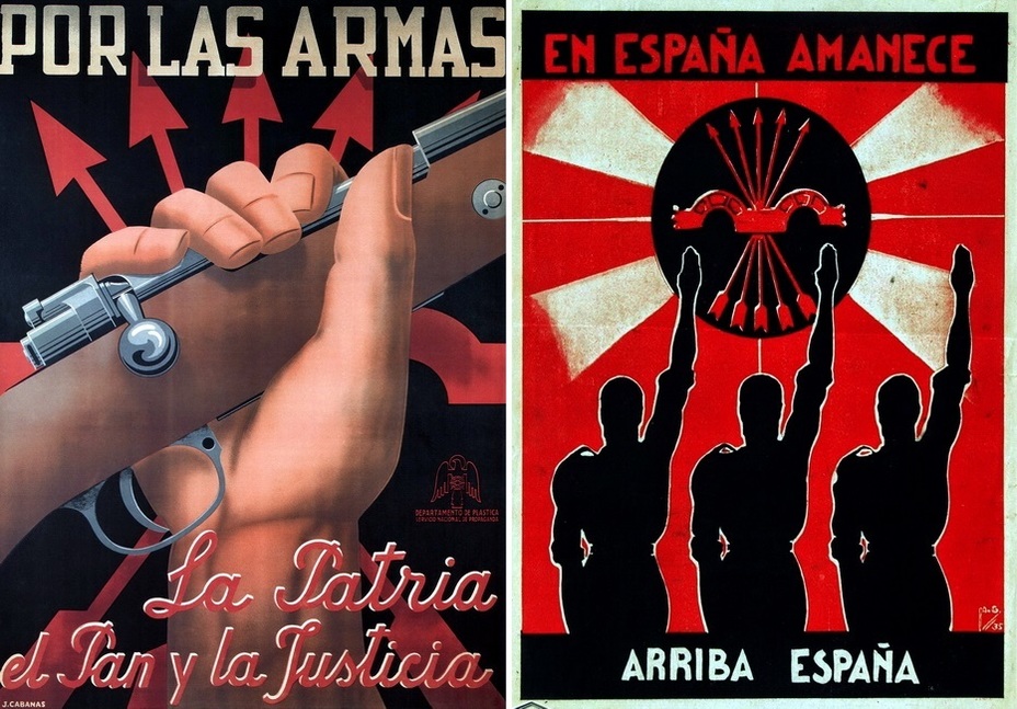 ​On the left: “To arms! Homeland, bread, and justice.” On the right: “The sun is rising in Spain. Go, Spain!» - Highlights for Warspot: Propaganda of the Falange | Warspot.net