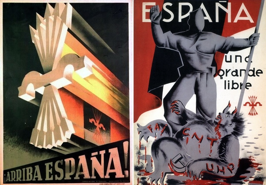 ​The left poster is even simpler than the previous one. National and falangist colors in the background, and the call «Go, Spain!» On the right: «Spain will be free." The defeated monster with the hammer and sickle is signed with the abbreviations of left political parties - Highlights for Warspot: Propaganda of the Falange | Warspot.net