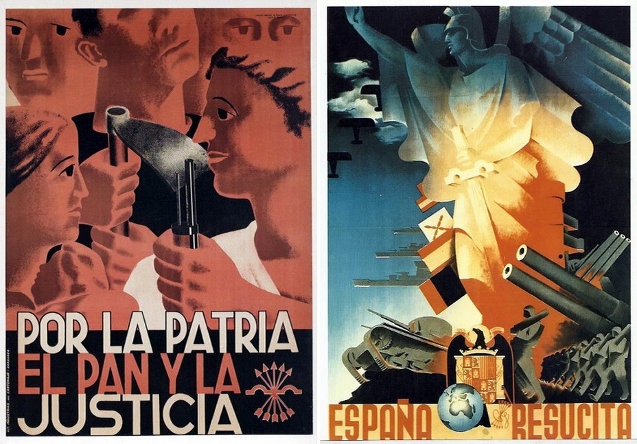 ​On the left: «Homeland, bread, and justice." It is one of the popular slogans of nationalists. On the right, there is a poster devoted to the revival of Spain. It is interesting that the tank in the poster is clearly the T-26. The Republicans received it from the USSR. The winners got a big number of those tanks in the end of the war - Highlights for Warspot: Propaganda of the Falange | Warspot.net