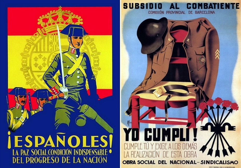 ​The left a poster with carabiniers states that martial law is an obligatory condition for the progress of the nation. The right poster is devoted to social assistance for war veterans - Highlights for Warspot: Propaganda of the Falange | Warspot.net