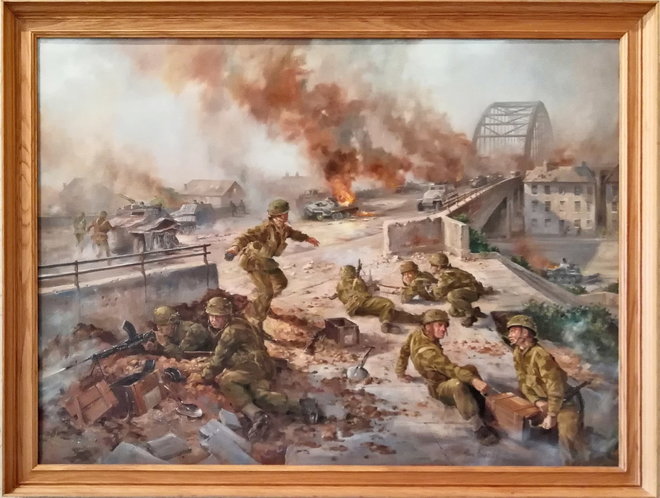 ​Fight of Frost’s detachment for the bridge, painting from the museum in Oosterbeek. Photo by the author - Museum of the Bridge Too Far | Warspot.net