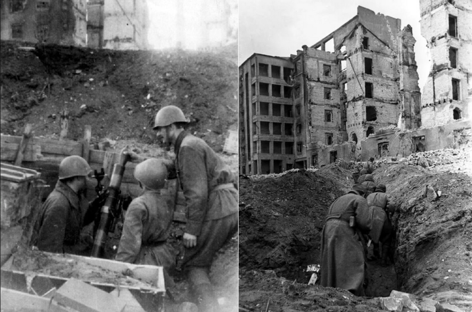 ​Two photos taken by reporter S. Loskutov in the autumn of 1942 in the trenches east of the ruins of the NKVD building complex. Judging by the direction of the barrel, the mortar crew is firing towards the area of the Voentorg - Unknown Stalingrad: Pavlov’s House, Anatomy of a Legend | Warspot.net