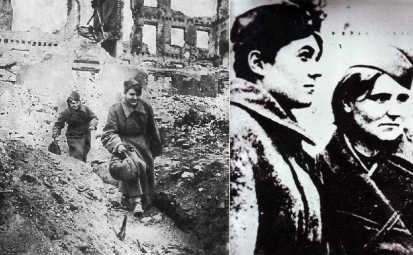 ​Nurses of 13th Guards Rifle Division. The pictures were taken at the ruins of a four-story building east of the mill where is now located the panoramic museum. Walking first is Maria Ulyanova (Ladychenkova), staff nurse of the Pavlov House garrison - Unknown Stalingrad: Pavlov’s House, Anatomy of a Legend | Warspot.net