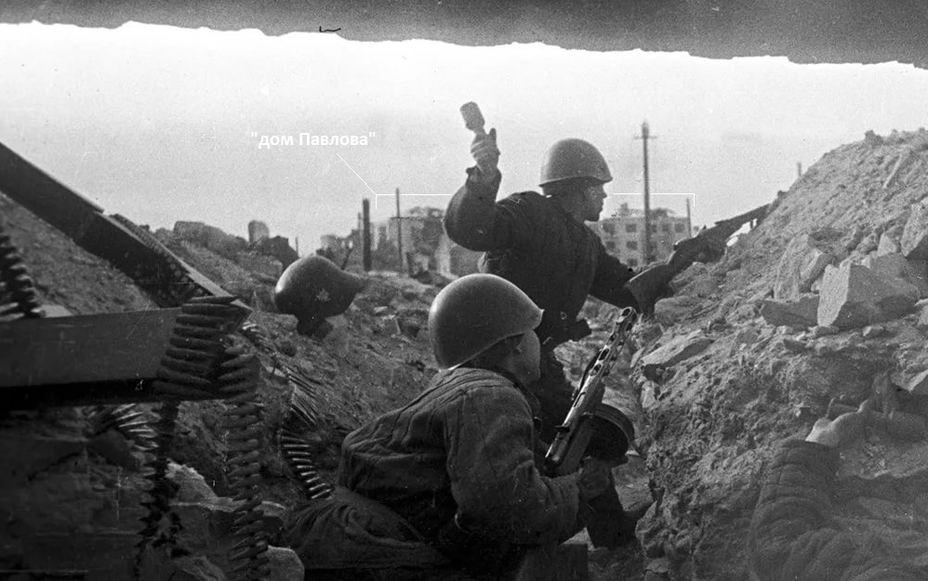 ​One of a series of famous Stalingrad photos by G. Zelma. The photo was taken in a trench that opened on the unfinished southern wing of the “House of Railwaymen”. Behind the soldier, Pavlov’s House standing nearby is visible. According to the author of the article, this series of photos of Zelma is a kind of reconstruction of the hostilities of 13th Guards Rifle Division and was filmed after the end of the fighting, in the spring of 1943. Attached the location of the photo, courtesy of D. Zimin and A. Skvorin - Unknown Stalingrad: Pavlov’s House, Anatomy of a Legend | Warspot.net