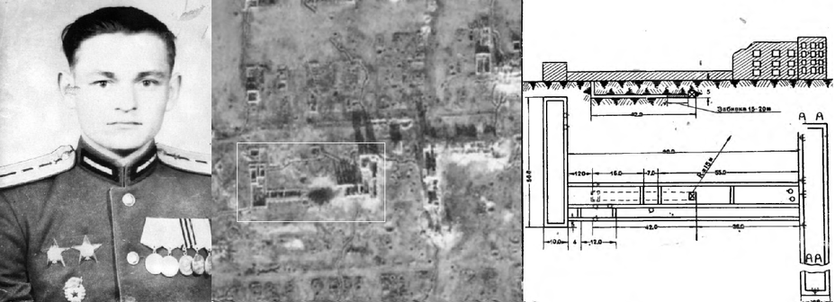 ​Photo of Ivan Iosifovich Chumakov, 19-year-old engineer platoon commander in Stalingrad. His fighters undermined the State Bank and the «House of Railwaymen», Grossman wrote with delight about Lieutenant Chumakov in «Krasnaya Zvezda». The aerial photo dated March 29, 1943 clearly shows the explosion crater, on the right the sketch of the underground mine attack from the book «Fighting in Stalingrad», published in 1944 - Unknown Stalingrad: Pavlov’s House, Anatomy of a Legend | Warspot.net