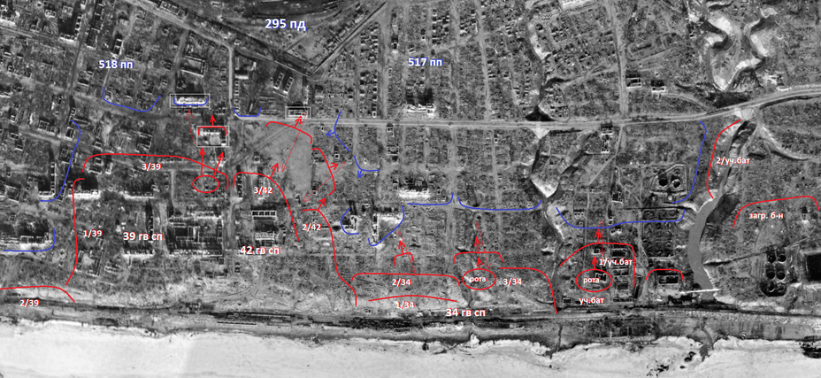 ​Sketch of 13th Guards Rifle Division’s positions on November 24-26, transferred to an aerial photo. Three designated objects: school number 6, Voentorg military complex and «Milk House». The sketch is inaccurate due to a lack of intelligence: in place of 517th IR there should be 518th, and instead of 518th there should be 71st ID - Unknown Stalingrad: Pavlov’s House, Anatomy of a Legend | Warspot.net