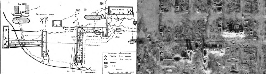 ​Sketches of the assault from the book «Battles in Stalingrad» and German aerial photo of the area - Unknown Stalingrad: Pavlov’s House, Anatomy of a Legend | Warspot.net