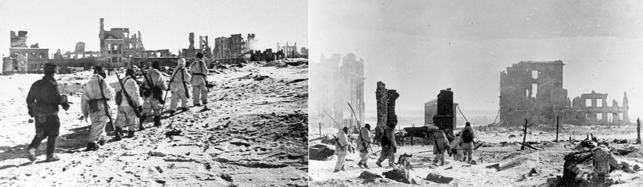 ​Series of photos by Georgy Zelma, February 43. On the left, a sapper squad is walking in the ruins of school №38, on the right the same soldiers are now beside the «L-shaped house» and «House of Railwaymen». These majestic ruins and their heroic history fascinated the reporter - Unknown Stalingrad: Pavlov’s House, Anatomy of a Legend | Warspot.net