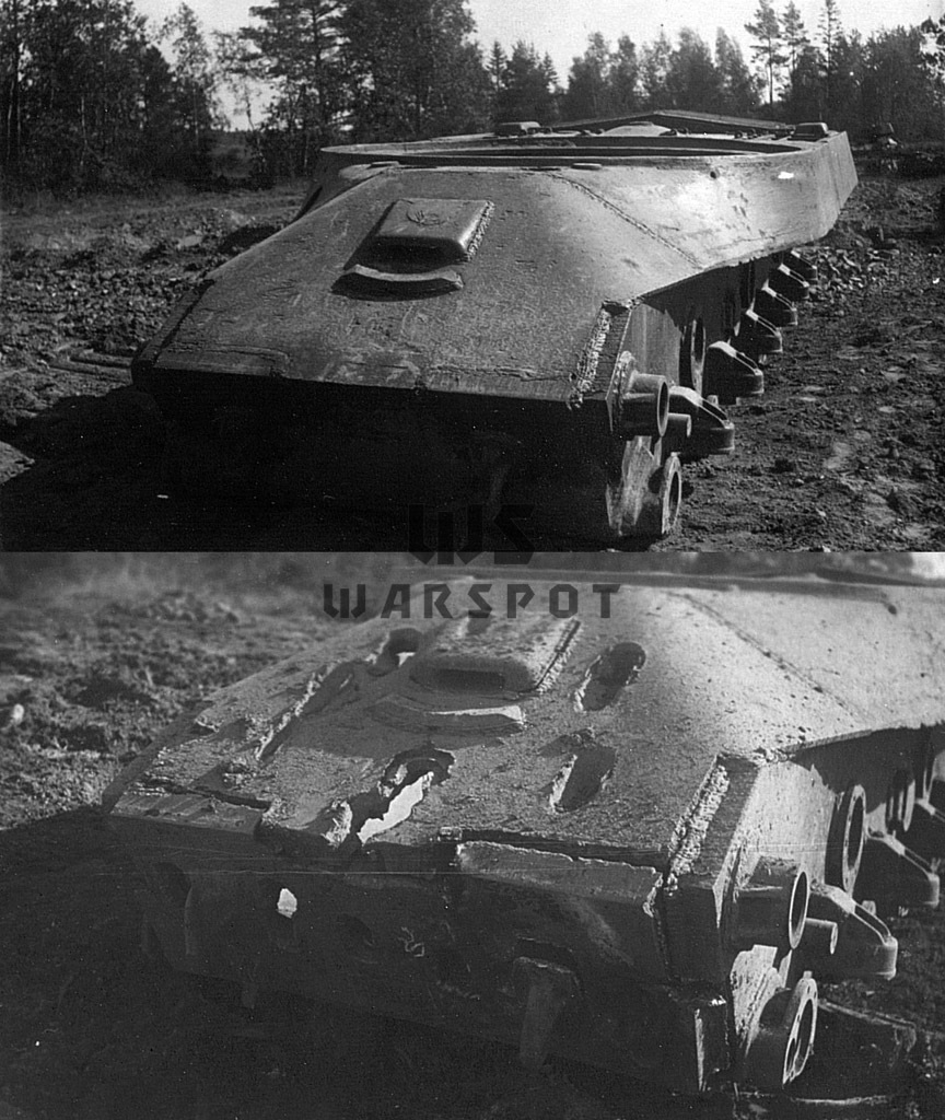 ​The hull with a welded front before and after firing. The maximum range of penetration with the 88 mm gun was reduced to 450 meters, but the weld seams cracked when hit - IS-2M: Small Modernization of a Large Tank | Warspot.net
