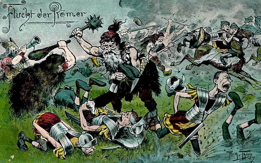 ​“The Flight of the Romans” (Flucht der Römer). The Romans save their lives as they can. Interestingly, in the lower right corner, just like in the previous picture, someone is drowning in a swamp - Highlights for Warspot: Tales of the Teutoburg Forest | Warspot.net