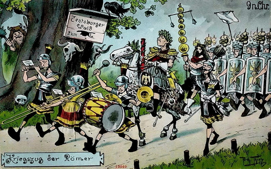 ​«The Romans on the March» (Kriegszug der Römer). With music and proudly raised heads, the Romans march past the tree with the sign «Teutoburg Forest — 2 km». They do not look at bad omens in the form of skulls and a black raven - Highlights for Warspot: Tales of the Teutoburg Forest | Warspot.net