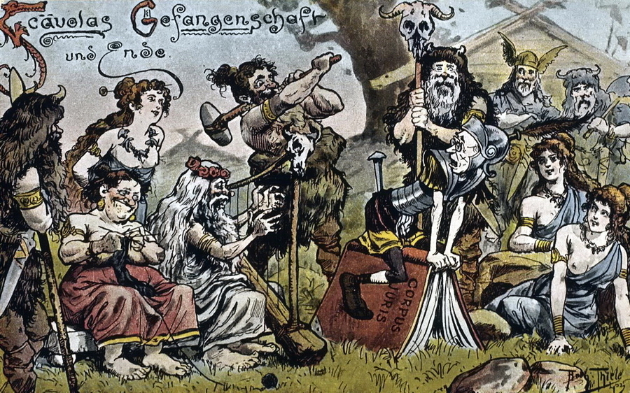 ​“Scaevola’s Captivity and End” (Scävolas Gefangenschaft und Ende). There is an obvious anachronism here, since there is no connection between the battle of the Teutoburg Forest and any known representatives of the Scaevola clan. The drawing rather symbolizes the Germans' disregard for Roman laws — this is also supported by the inscription on the tome, to which the skinny «Scaevola» is nailed: Roman Law Code (Corpus Juris) appeared 500 years after the battle. However, the real fate of the captured legionnaires was unenviable - Highlights for Warspot: Tales of the Teutoburg Forest | Warspot.net