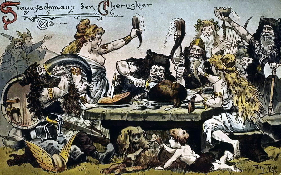 ​«Victory Feast of the Cherusks» (Siegesschmaus der Cherusker). A complete set of ideas about a large barbarian feast: swords and armor, fried hams and wine in huge horns, as well as half-naked blondes and dogs gnawing bones - Highlights for Warspot: Tales of the Teutoburg Forest | Warspot.net