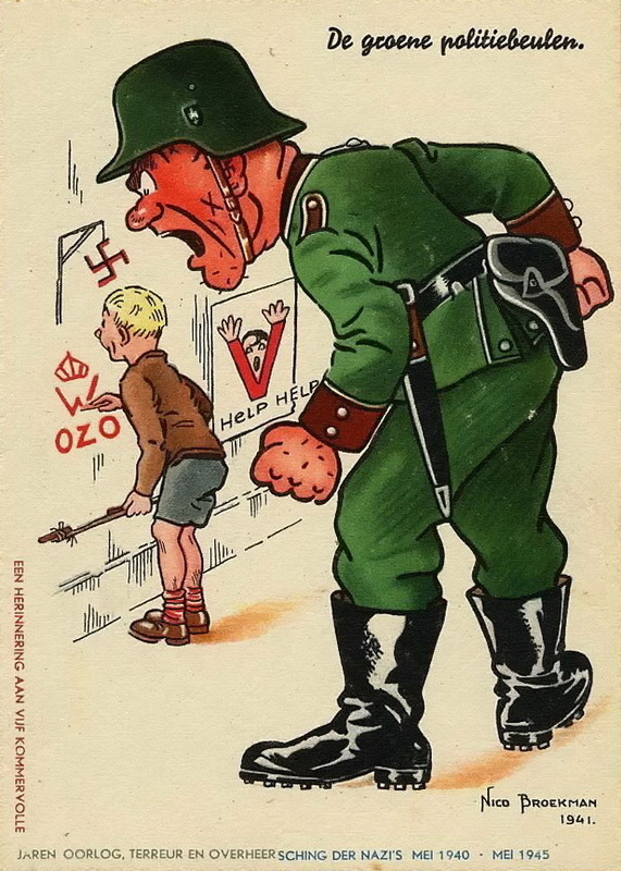 ​“Green Police Executioners” (De groene politiebeulen). A German policeman caught a boy drawing the monogram of Queen Wilhelmina and OZO (Oranje Zal Overwinnen) — “The Orange will be back!” Next to it a poster with a portrait of Hitler can be seen - Highlights for Warspot: “The Bismarck Youth” and Others | Warspot.net