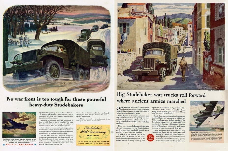 ​On the left, the convoy of Studebakers has clearly reached the central part of Russia – the only alarming sign are the skiers watching from the hill wearing caps, parka coats and characteristic knapsacks. Perhaps the convoy has reached the wrong place! On the right, the reader is informed that the Studebakers are fighting in the same place where the armies of Caesar, Alexander the Great and Genghis Khan marched — in this case, a truck is crawling along the street of an Italian town - Highlights for Warspot: The Twisted Paths Of The Studebaker | Warspot.net