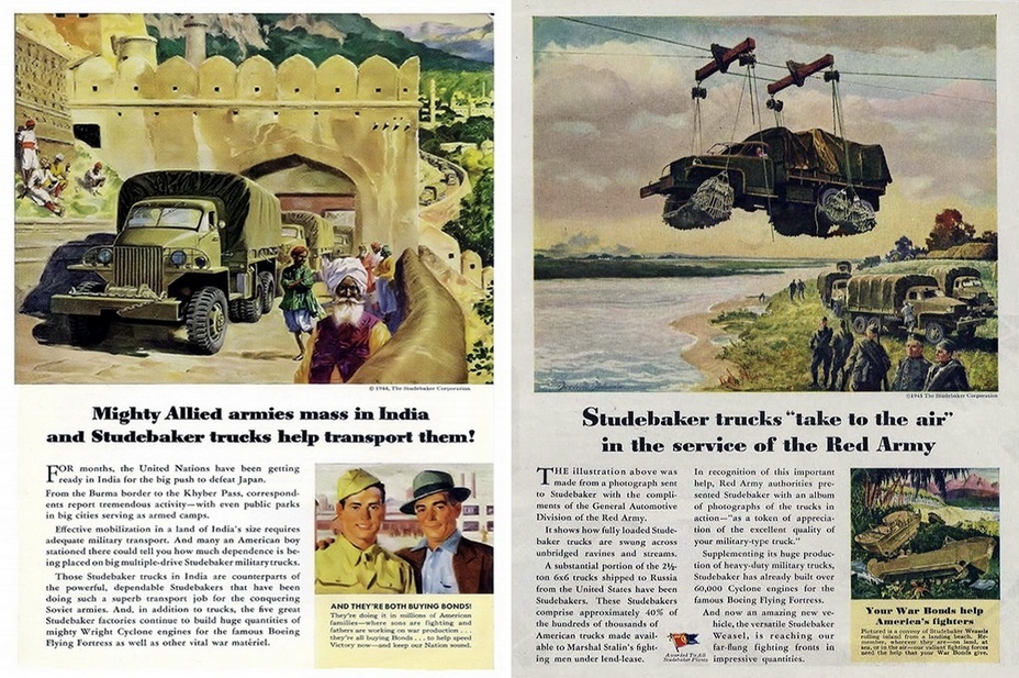 ​On the left we can see the scenario similar to the previous one, only instead of Europe we see Asia: the accompanying text talks about the role of the Studebakers in transporting supplies through India and Burma. On the right, it is claimed that this is not the first time inventive Russians are transporting loaded Studebakers across rivers and gorges in this way - Highlights for Warspot: The Twisted Paths Of The Studebaker | Warspot.net