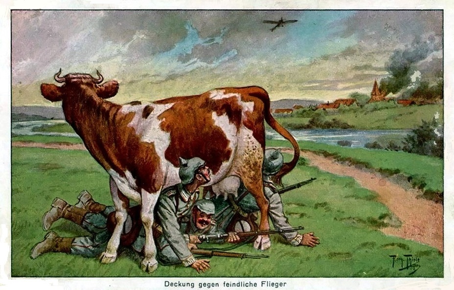 ​«Shelter from the enemy pilot» (Deckung gegen feindliche Flieger). Considering that the series of postcards was published in 1916, and drawn even earlier, it is not surprising that the German infantrymen are hiding under a cow. Most likely, the flying monoplane was not yet armed, but in the initial period of the war the infantry did not know what to expect from the sky - Highlights for Warspot: Simple pleasures of a Kaiser soldier | Warspot.net