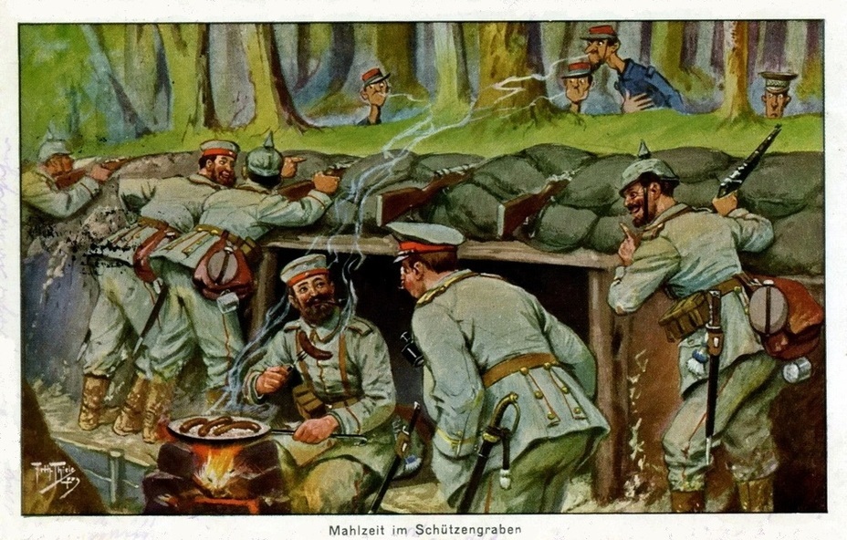 ​«Lunch in the trench» (Mahlzeit im Schützengraben). The aroma and smoke of the sausages frying in a pan in a German trench attracts skinny hungry French and British soldiers. However, in the second half of the war, the supply of the Germans was much worse than that of the Entente soldiers - Highlights for Warspot: Simple pleasures of a Kaiser soldier | Warspot.net