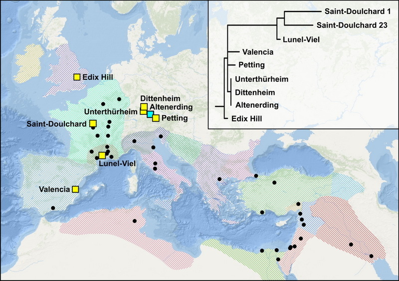 ​Map and phylogenetic tree showing the newly published (yellow) and previously published (turquoise) plague genomes. Shaded areas and dots represent historically recorded outbreaks of the Justinian Plague.  shh.mpg.de - Plague and the End of Antiquity | Warspot.net