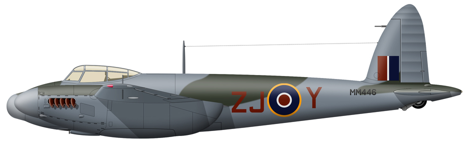 ​Mosquito NF Mk.XIII (MM446), No. 96 Squadron RAF, Odiham station, autumn of 1944. The unit’s leader, Wing Commander Edward D. Crew (with a score of 12.5 aircraft and 21 V-1 bombs), the second most successful Mosquito-flying anti-Diver ace, was one of the pilots using this plane to hunt down V-1 buzz bombs and Heinkel carriers. The machine has the standard two-color camouflage of British night fighters of the second half of the war, generally similar to that of daytime fighters, with the exception that Ocean Grey is replaced by the color of the underside - Colors of the Battle Skies: Catchers of Winged Bombs | Warspot.net