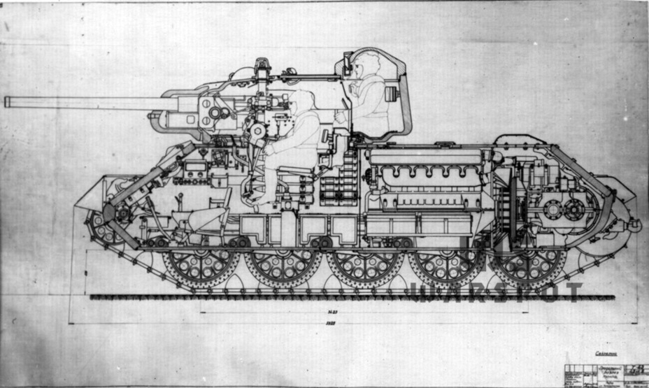 ​Sectional view of the initial design of the T-43 tank. The commander's cupola is still the old style, like the one used on experimental T-34s in the summer-fall of 1942 - T-43, Take One | Warspot.net