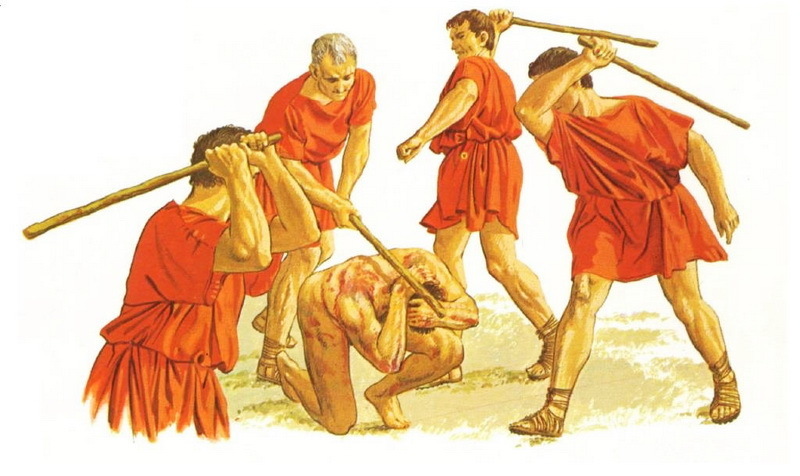 ​The sentence execution. The sentenced is clubbed to death by his own fellow legionnaires. Reconstruction by Peter Connolly - The Ancient Roman Harshness | Warspot.net