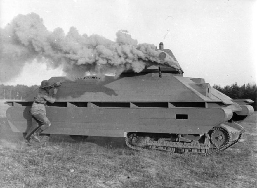 ​German infantryman practicing how to blind an enemy tank with a smoke grenade using a dummy T-34 tank - How to Kill a T-34 | Warspot.net